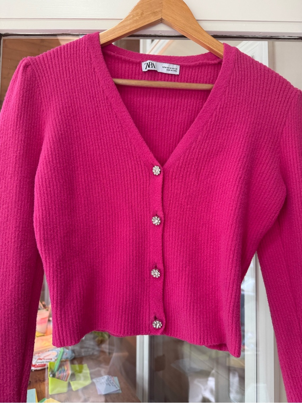 Zara Pink Ribbed V-Neck Cardigan with Rhinestone Decorative Buttons. Lightweight